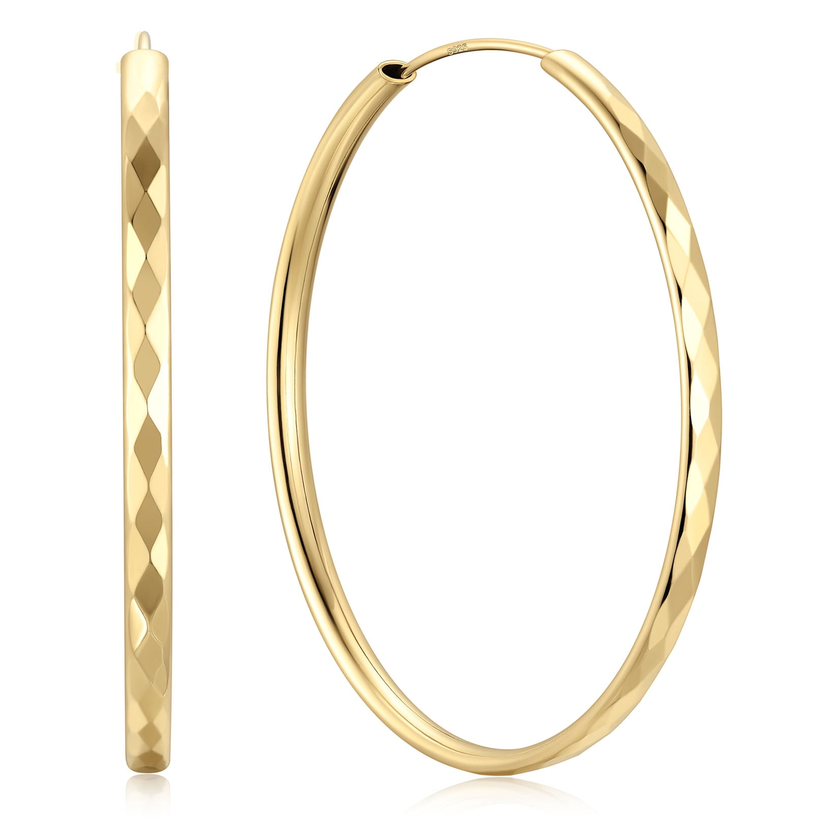 ChicSilver 14k Gold Plated Big Hoop Earrings for Women Hypoallergenic Lightweight Thin Gold Hoop Earrings Sterling Silver Diamond-Cut Hoops Earring 50MM