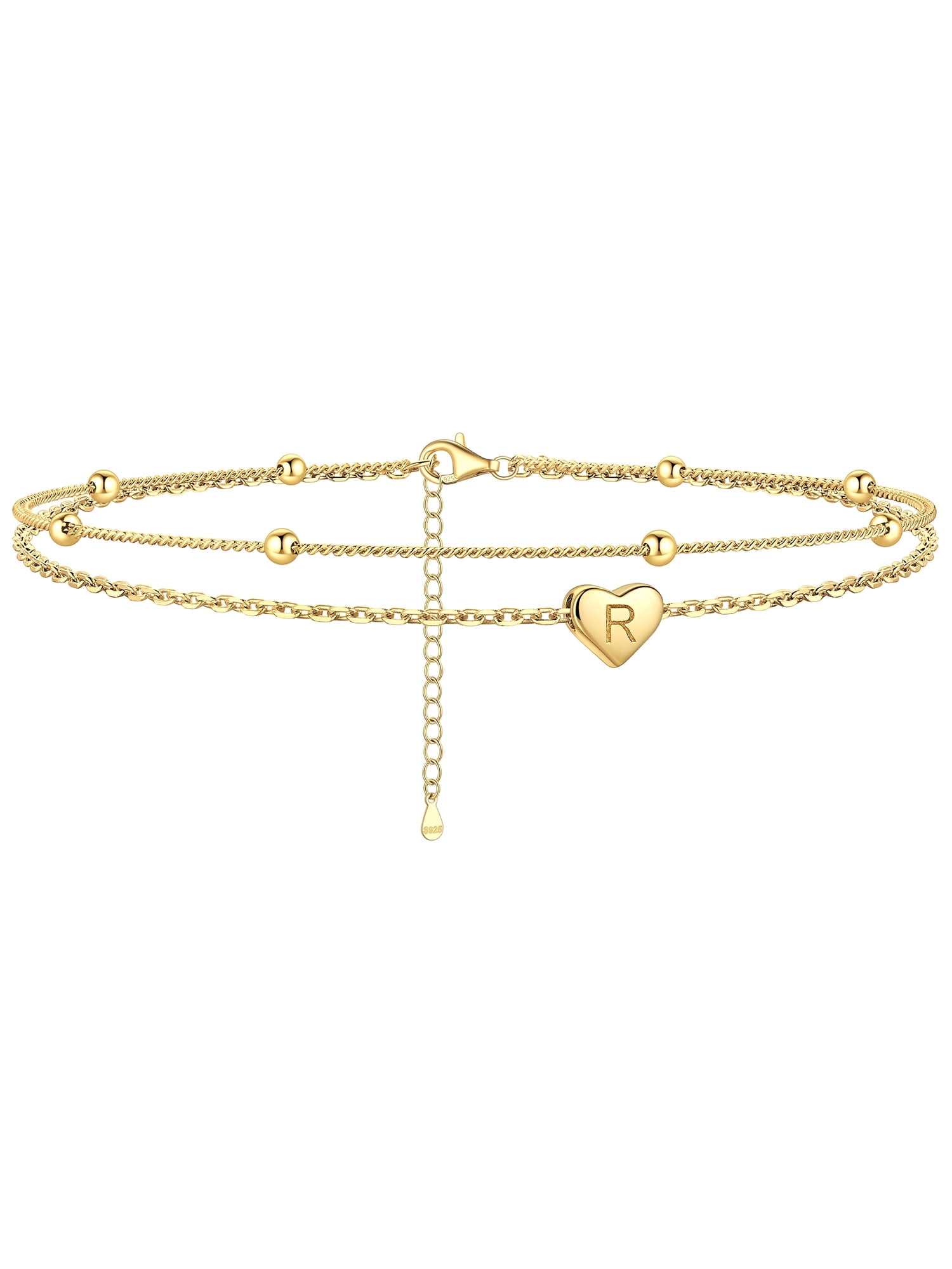 ChicSilver 14K Gold Plated Womens Initial Anklet Layered Anklet Bracelet Dainty Beaded Chain Sterling Silver Anklet Adjustable 11" Waterproof Summer Beach Jewelry for Women