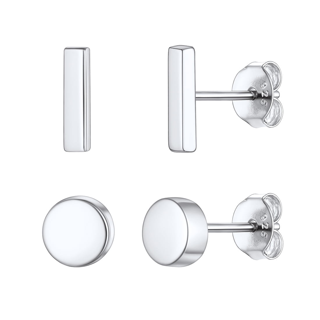 ChicSilver 2 Pairs 925 Sterling Silver Bar Stud Earrings for Women Cute Dot Stud Earring Set Hypoallergenic Small Round Earring Studs Set for Sensitive Ears