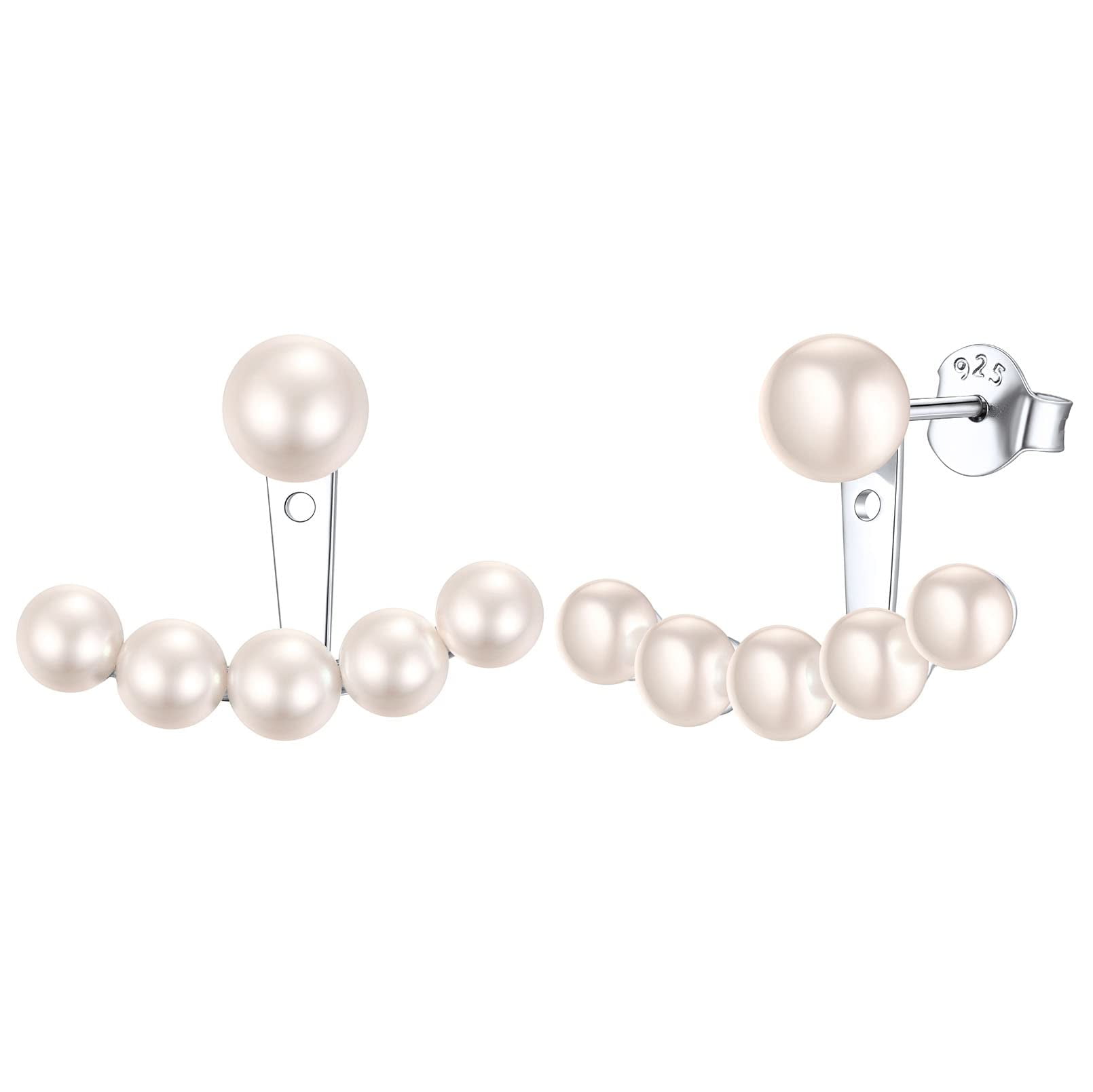ChicSilver Ear Jacket Cuff Earrings Set Sterling Silver Round Fresh Water Pearl Stud And Jacket Ear Cuff Earrings Front Back 2 in 1