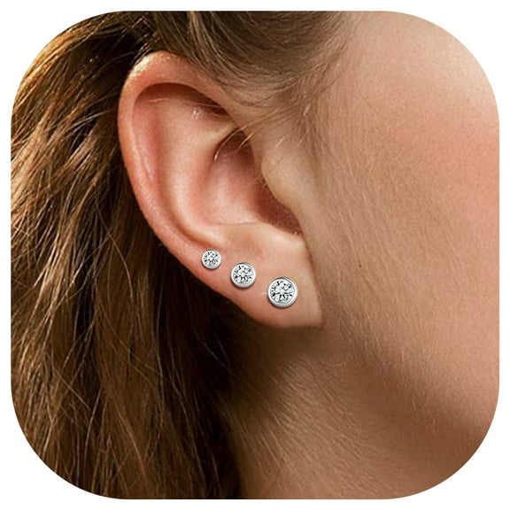 ChicSilver Sterling Silver Hypoallergenic Zirconia Stud Earrings, Simulated Diamond, 3 Pairs Sets for Women Sensitive Ears Various Styles and Sizes