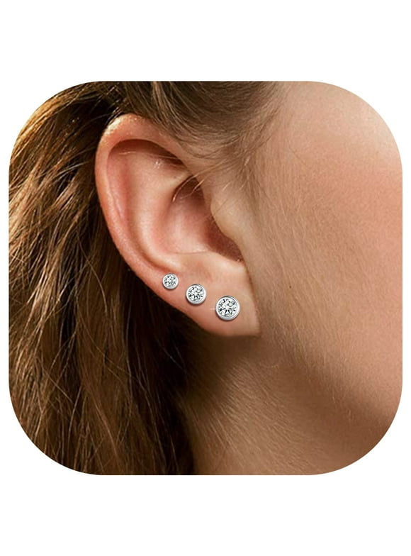 Sterling Silver Hypoallergenic Zirconia Stud Earrings, Simulated Diamond, 3 Pairs Sets for Women Sensitive Ears Various Styles and Sizes