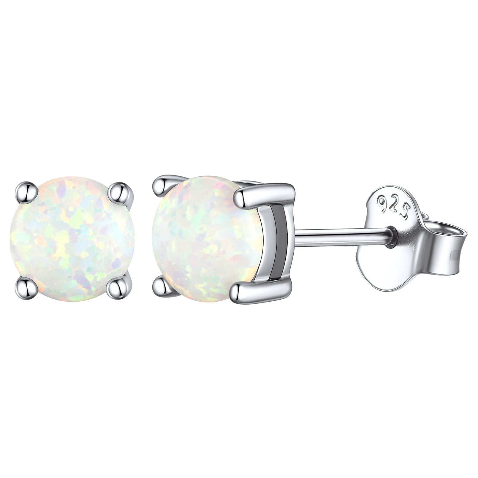ChicSilver 5mm Created White Opal Stud Earrings Hypoallergenic Sterling Silver Round Cut Earrings for Women October Birthstone Jewelry
