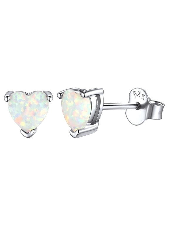 Sterling Silver Heart White Opal Stud Earrings Hypoallergenic Birthday Jewelry Gifts for Women