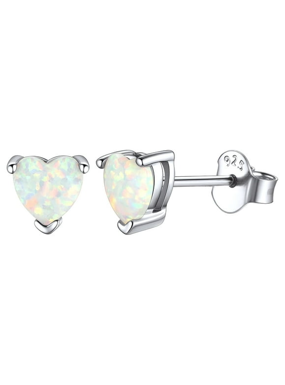Sterling Silver Heart White Opal Stud Earrings Hypoallergenic Birthday Jewelry Gifts for Women