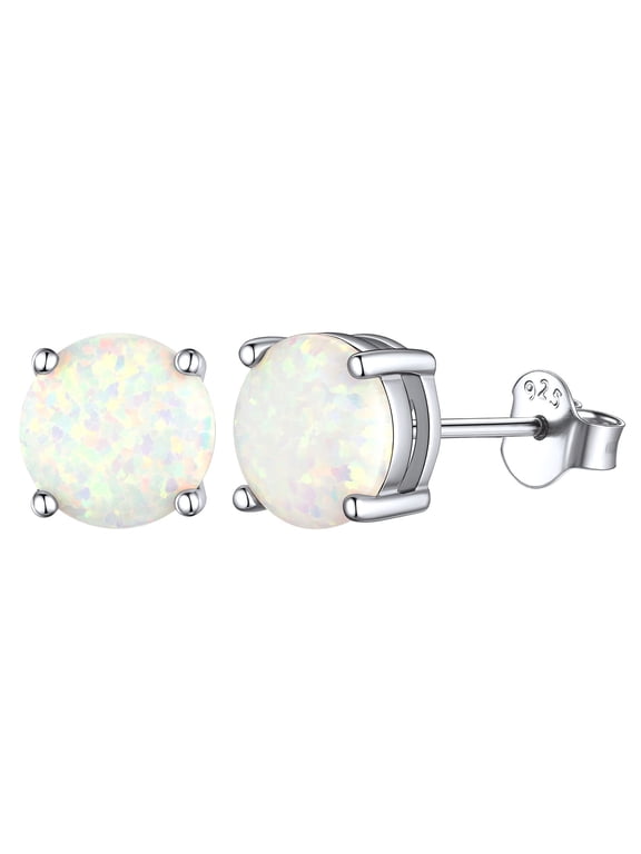 7mm Created White Opal Stud Earrings Hypoallergenic Sterling Silver Round Cut Earrings for Women October Birthstone Jewelry
