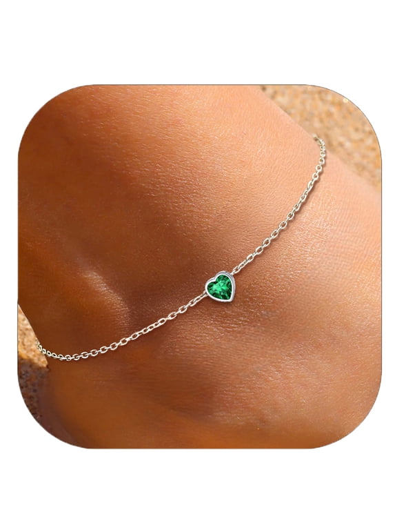 925 Sterling Silver Ankle Bracelets for Women, Simple Dainty Heart Birthstone Anklets Beach Foot Chain Summer Jewelry Waterproof