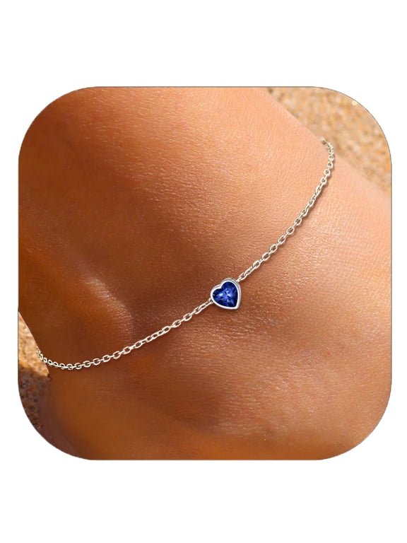 925 Sterling Silver Ankle Bracelets for Women, Simple Dainty Heart Birthstone Anklets Beach Foot Chain Summer Jewelry Waterproof