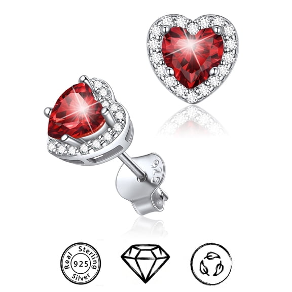 ChicSilver Solid 925 Sterling Silver Heart Birthstone Earring for Women Dainty Jewelry Red Simulated Garnet Hypoallergenic Earrings Studs for January Birthday Anniversary Christmas Valentine's Day