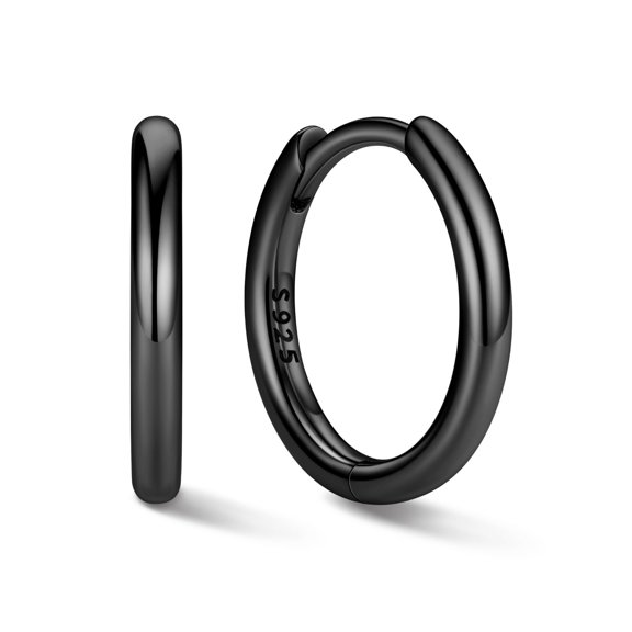 ChicSilver 925 Sterling Silver Black Hoop Earrings for Women Hypoallergenic 10MM Hoops Earring Black Huggie Earrings for Women
