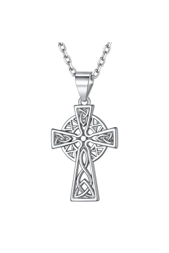 925 Sterling Silver Celtic Cross Necklace for Women Men Irish Knot Pendant Necklace, 18 Inch Rolo Chain