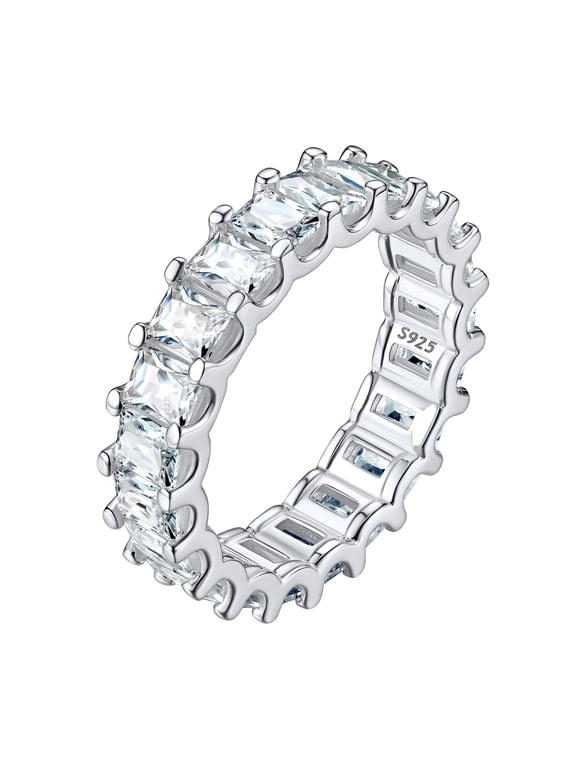 925 Sterling Silver Cubic Zirconia Eternity Band Ring Emerald Cut Shiny 5A CZ Simulated Diamond Stackable Wedding Band Size 6-13 Promise Anniversary Rings for Women Men