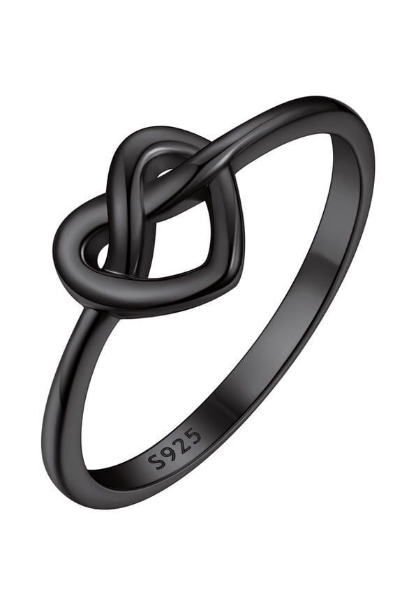 Black Plated 925 Sterling Silver Stackable Ring for Women | Thin Band for Stacking | Heart Love Knot Wedding Band | Size 10