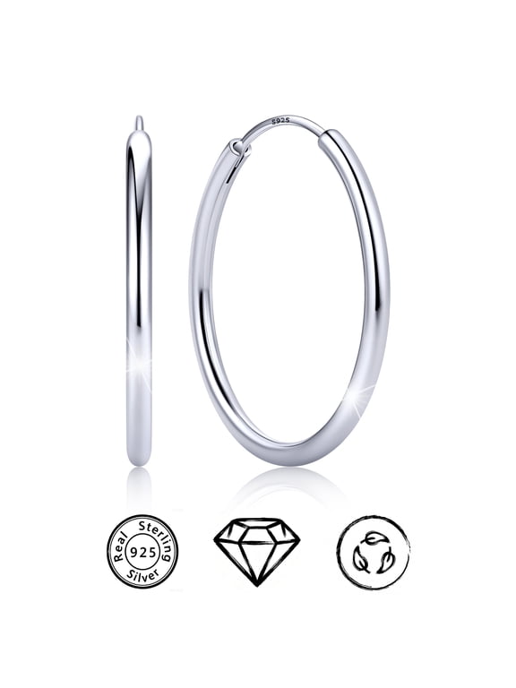 925 Sterling Silver Hoop Earrings for Women, 30MM Endless Circle Hoop Earrings, Lightweight Silver Hoops with Hidden Clasp, Classic Round Earrings for Everyday Jewelry
