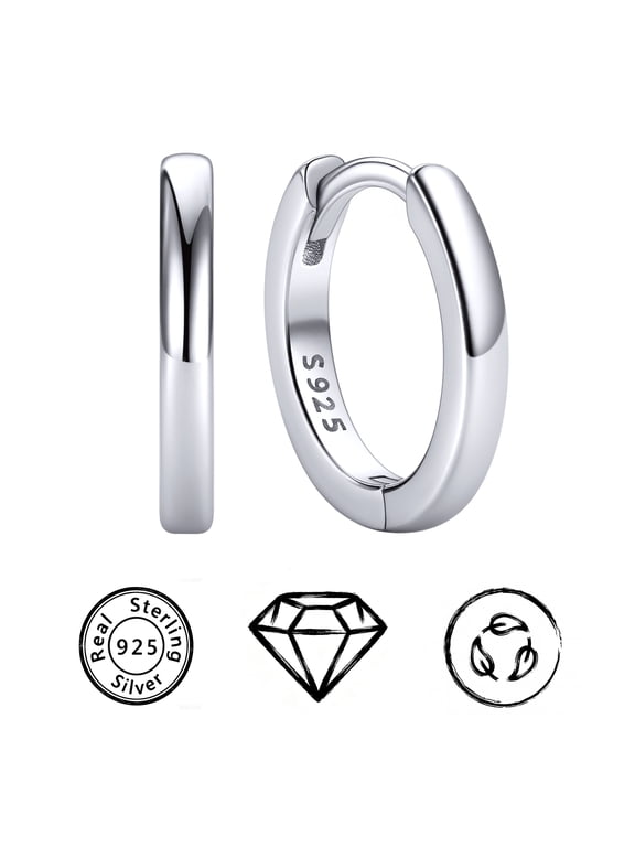 925 Sterling Silver Huggie Hoop Earrings for Women Sensitive Ears, 10MM Small Silver Hoop Earrings, Hypoallergenic Cartilage & Helix Earrings, Tiny Sterling Silver Hoops, White Gold Plated