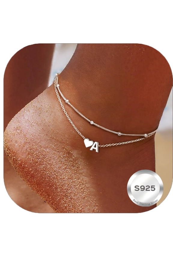 925 Sterling Silver Initial Anklets for Women, Ankle Bracelets Hypoallergenic, Dainty Layered Heart Anklet With Initials 8.7-10.7 Inch Adjustable