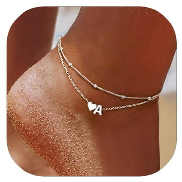 ChicSilver 925 Sterling Silver Initial Anklets for Women, Ankle Bracelets Hypoallergenic, Dainty Layered Heart Anklet With Initials 8.7-10.7 Inch Adjustable