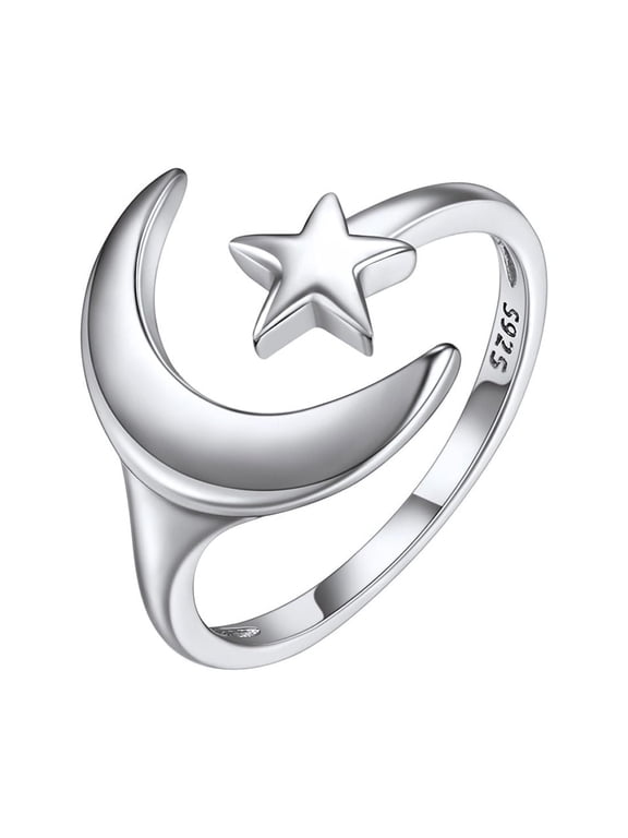 925 Sterling Silver Moon Star Ring for Women Simple Stackable Knuckle Rings Adjustable Wrap Open Ring