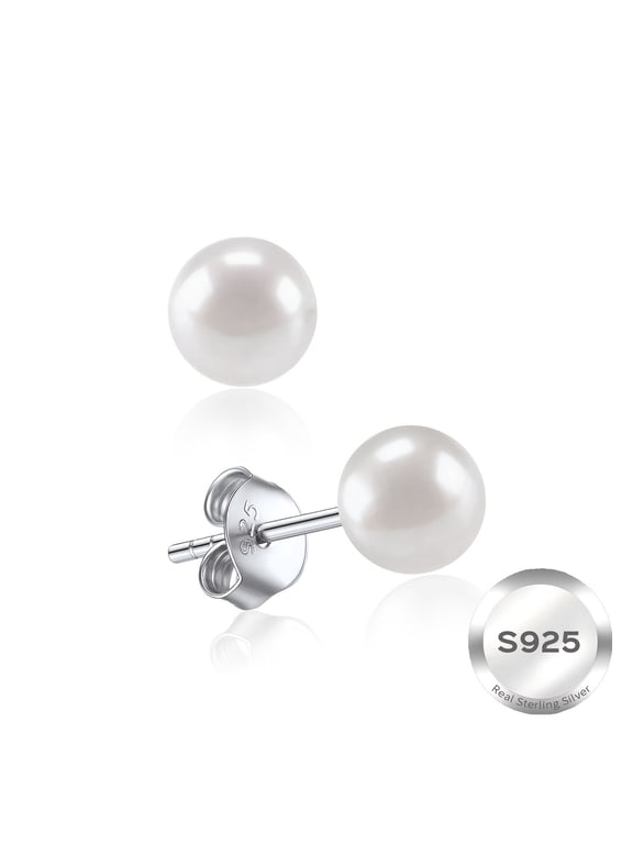 925 Sterling Silver Pearl Stud Earrings for Women, Freshwater Cultured White Pearl Earrings 4-10mm, Hypoallergenic Small Pearl Earrings for Sensitive Ears, Gift Jewelry