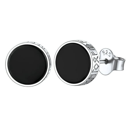 ChicSilver 925 Sterling Silver Round Black Onyx Stud Earrings with Viking Rune Men Earrings Studs