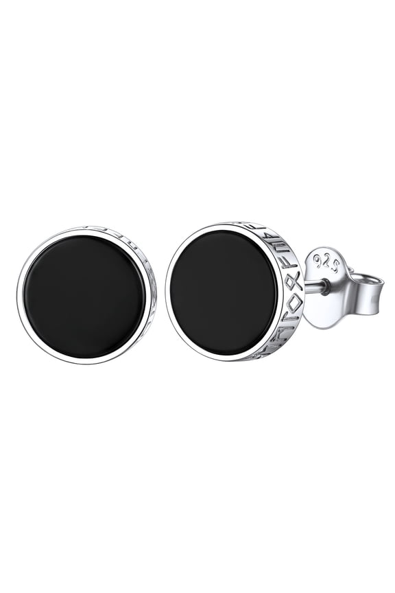 925 Sterling Silver Round Black Onyx Stud Earrings with Viking Rune Men Earrings Studs