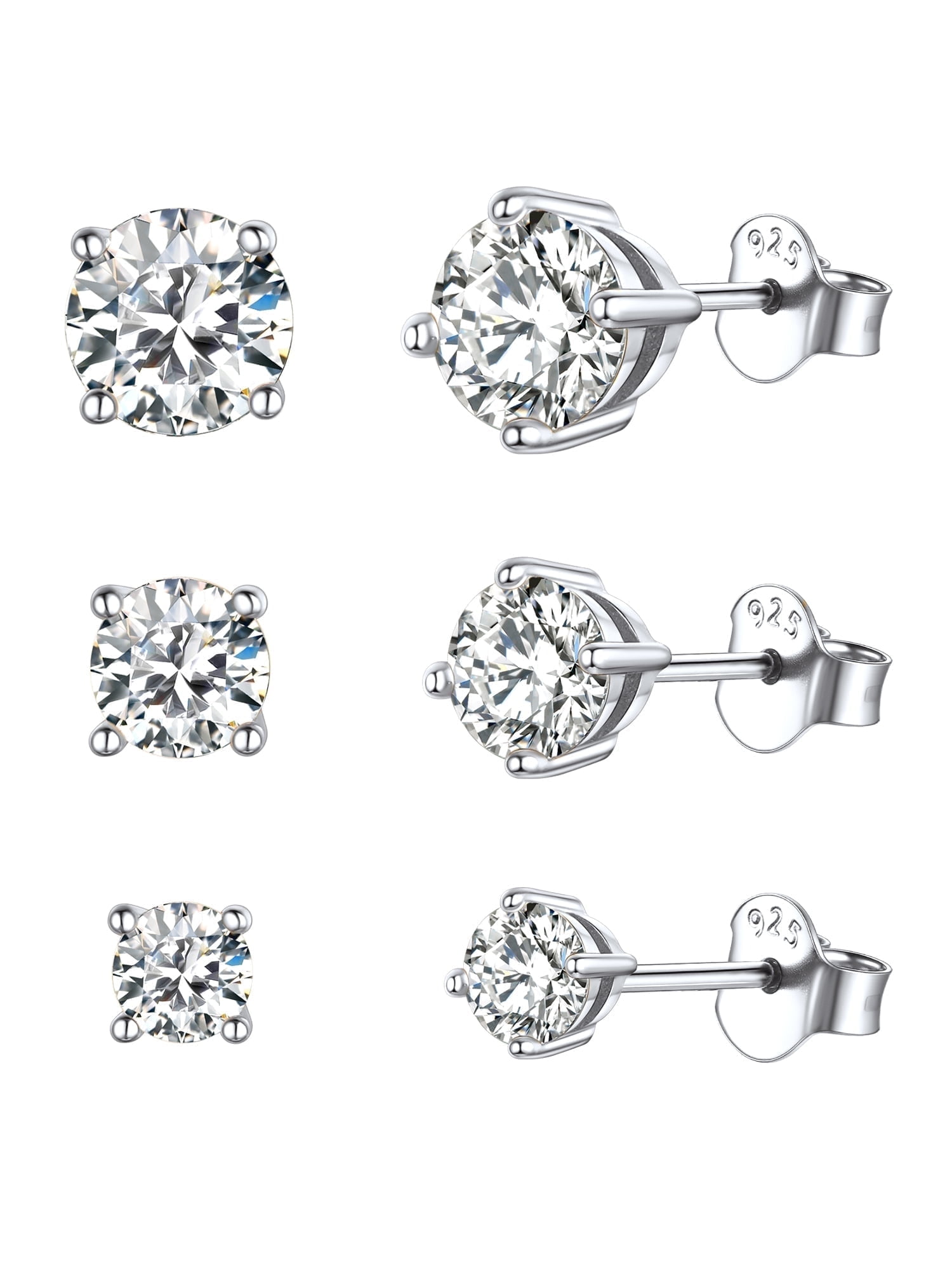 ChicSilver 3 Pairs Sterling Silver Cubic Zirconia Stud Earrings for Women Hypoallergenic Tiny Simulated Diamond Ear Stud Set for Sensitive Ears