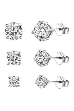 3 Pairs Sterling Silver Cubic Zirconia Stud Earrings for Women Hypoallergenic Tiny Simulated Diamond Ear Stud Set for Sensitive Ears