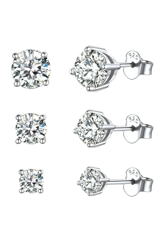 3 Pairs Sterling Silver Cubic Zirconia Stud Earrings for Women Hypoallergenic Tiny Simulated Diamond Ear Stud Set for Sensitive Ears