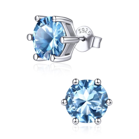 ChicSilver 925 Sterling Silver Simulated Aquamarine Birthstone Stud Earrings for Women, 8MM / 2Carat Round Cut Hypoallergenic Birthday Gift for Her