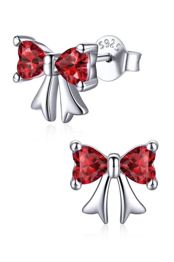 925 Sterling Silver Stud Earrings Hypoallergenic Created Garnet Stud Earring Red Bow Earring January Birthstone Earrings for Women