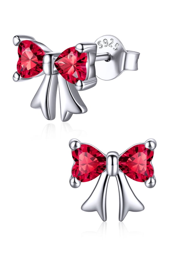 925 Sterling Silver Stud Earrings Hypoallergenic Created Ruby Stud Earring Red Bow Earring July Birthstone Earrings for Women