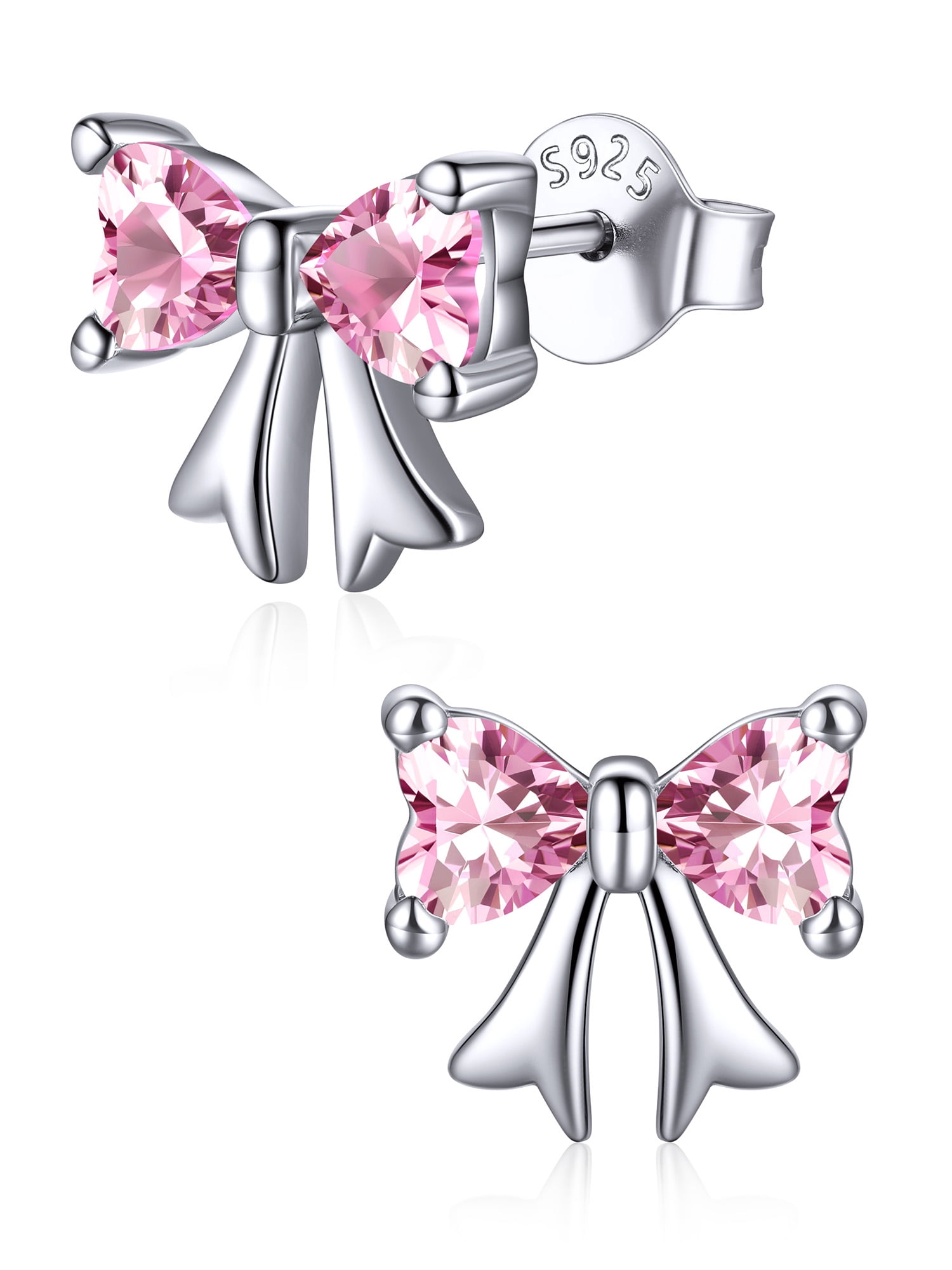 ChicSilver 925 Sterling Silver Stud Earrings Hypoallergenic Created Tourmaline Stud Earring Pink Bow Earring October Birthstone Earrings for Women