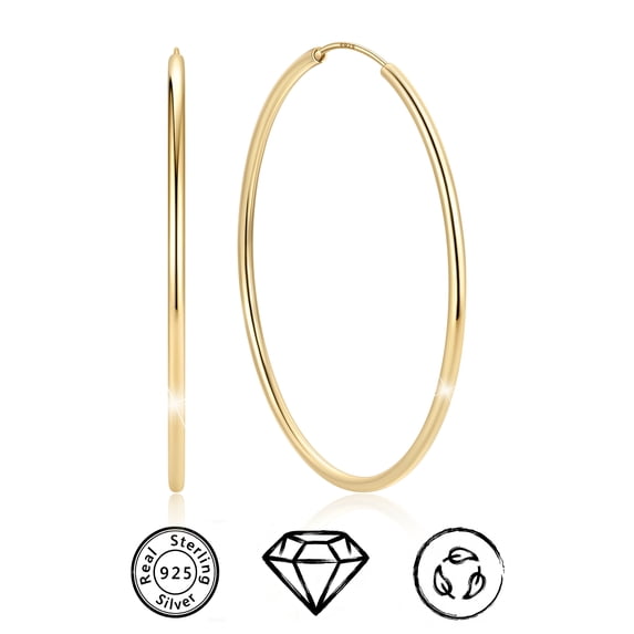 ChicSilver 14K Gold Plated Big Hoop Earrings for Women Hypoallergenic Sterling Silver Earrings for Women Lightweight Endless Hoop Earring Silver 60MM