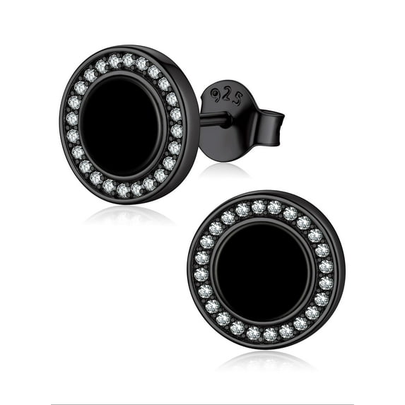 ChicSilver Black Onyx Earrings for Men 925 Sterling Silver Round Stud Earrings Hypoallergenic Jewelry Women Earrings