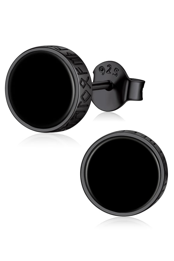 Black Onyx Earrings Stud 925 Sterling Silver Round Stud Earrings Viking Rune Jewelry
