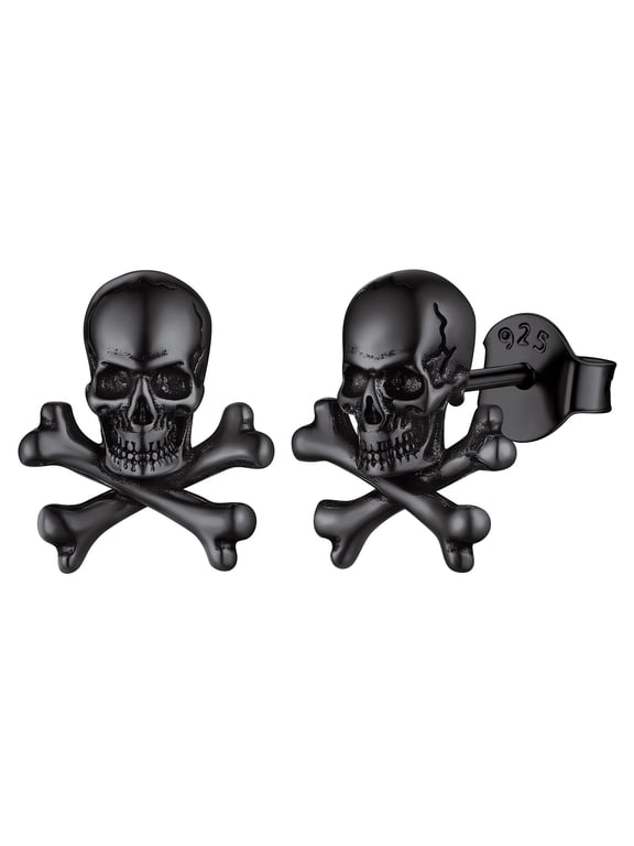 Black Skull Stud Earrings Sterling Silver Earrings Punk Gothic Criss Skeleton Head Earrings Jewelry for Halloween Party