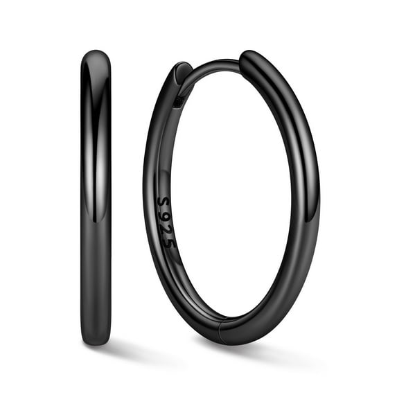 ChicSilver Black Small Hoop Earrings for Women Hypoallergenic Black Sterling Silver Hoop Earring Huggie Earrings for Women 16MM