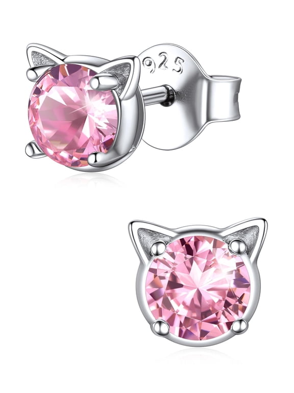 Cat Earrings for Women, 925 Sterling Silver Birthstone Stud Earrings, Hypoallergenic Cute Cat Studs Jewelry Gift Box