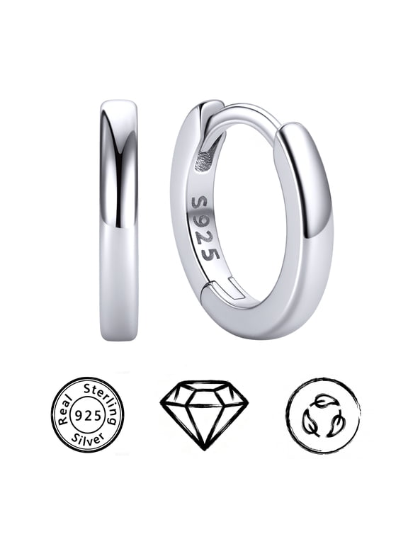 925 Sterling Silver Huggie Hoop Earrings for Women Sensitive Ears, 8MM Small Silver Hoop Earrings, Hypoallergenic Cartilage & Helix Earrings, Tiny Sterling Silver Hoops, White Gold Plated