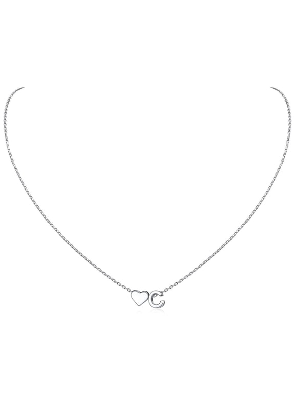 Silver Initial Necklace for Women, 925 Sterling Silver Heart Letter Pendant Necklace Dainty A-Z Gifts for Her