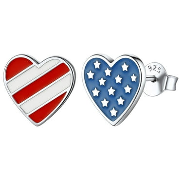 ChicSilver Dainty Heart Earrings with American Flag Pattern, 925 Sterling Silver Stud Earrings Independence Day Patriotic Earrings Gifts