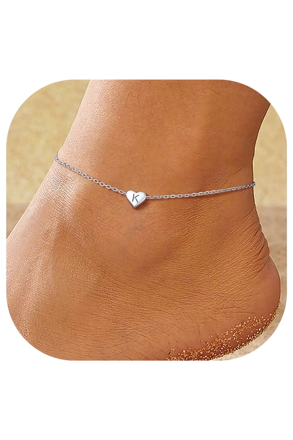 925 Sterling Silver Dainty Heart Initial Anklets for Women Adjustable Length 8.7"-10.7"