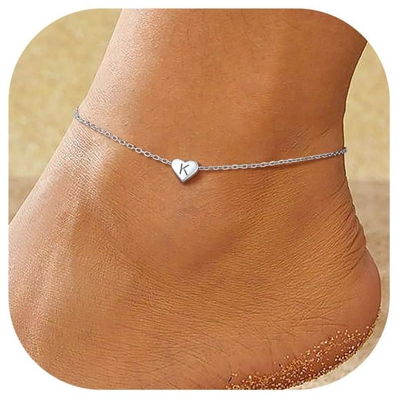 ChicSilver 925 Sterling Silver Dainty Heart Initial Anklets for Women Adjustable Length 8.7"-10.7"