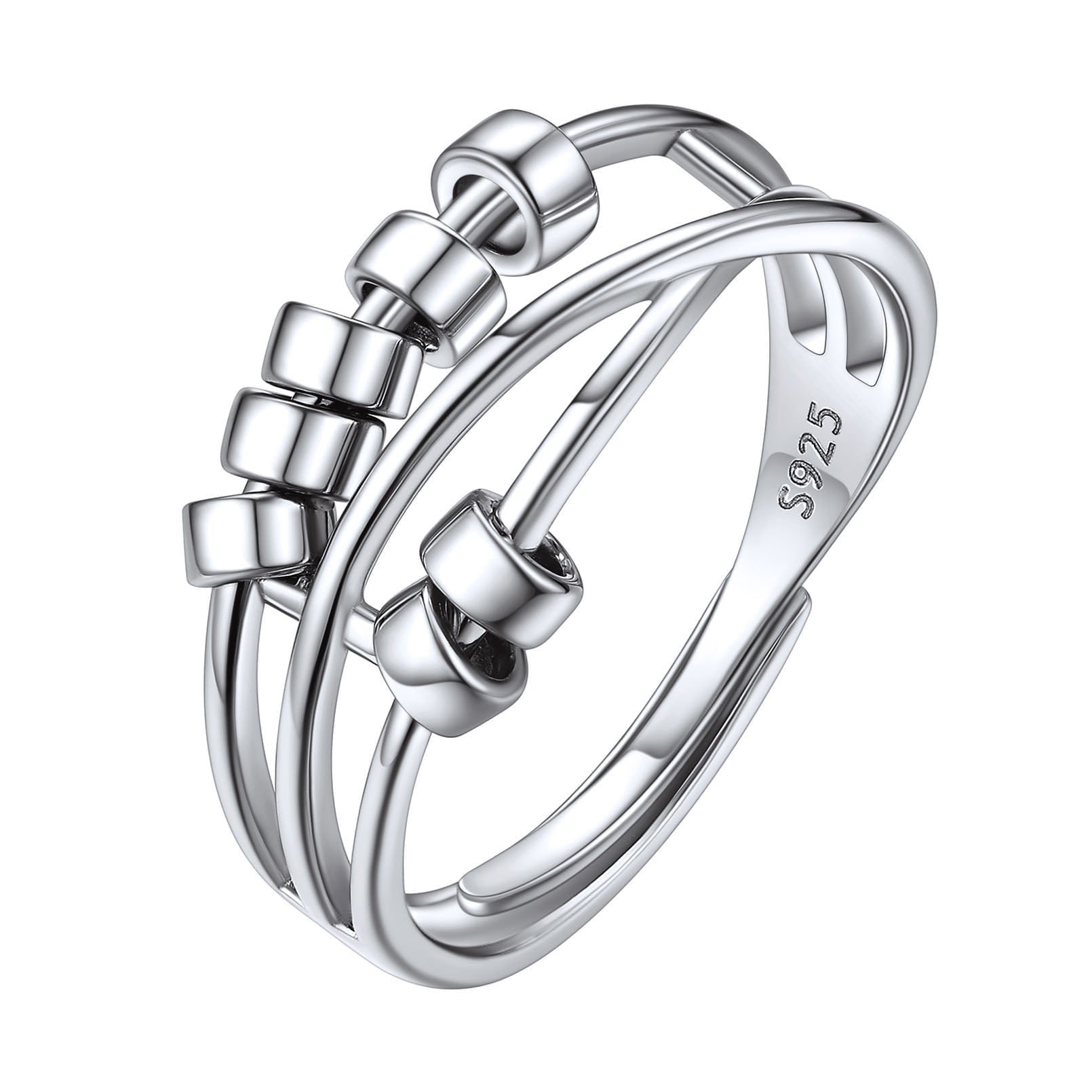 ChicSilver Ring for Women Adjustable Sterling Silver Fidget Anxiety Ring with Rotatable Polished Beads for Stress Relief
