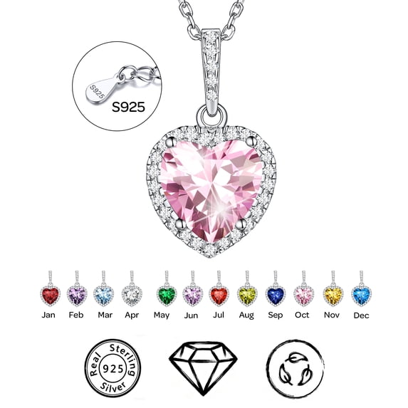 ChicSilver 925 Sterling Silver Birthstone Necklace for Women, Heart Pendant Necklace with Created Gemstone, Dainty Birthday Jewelry Gift for Women Mom