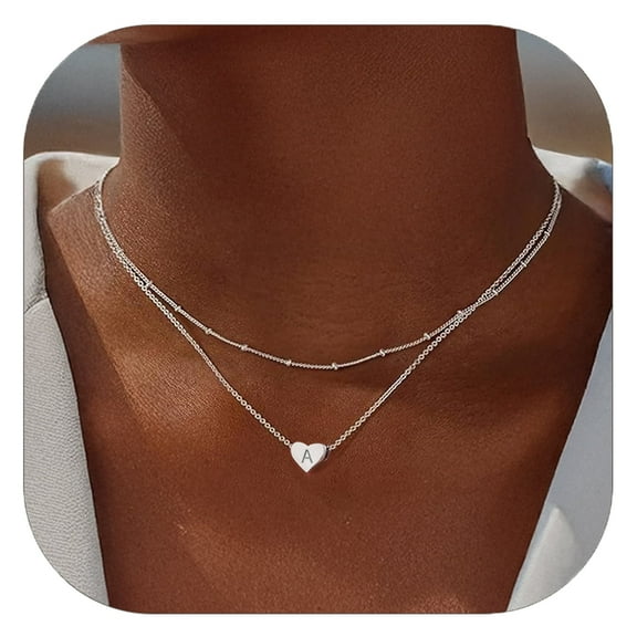 ChicSilver Initial Necklaces for Women Sterling Silver Heart Pendant Necklaces, Dainty Layered Bead Chain Necklace for Daily Wear Women Jewelry Gift