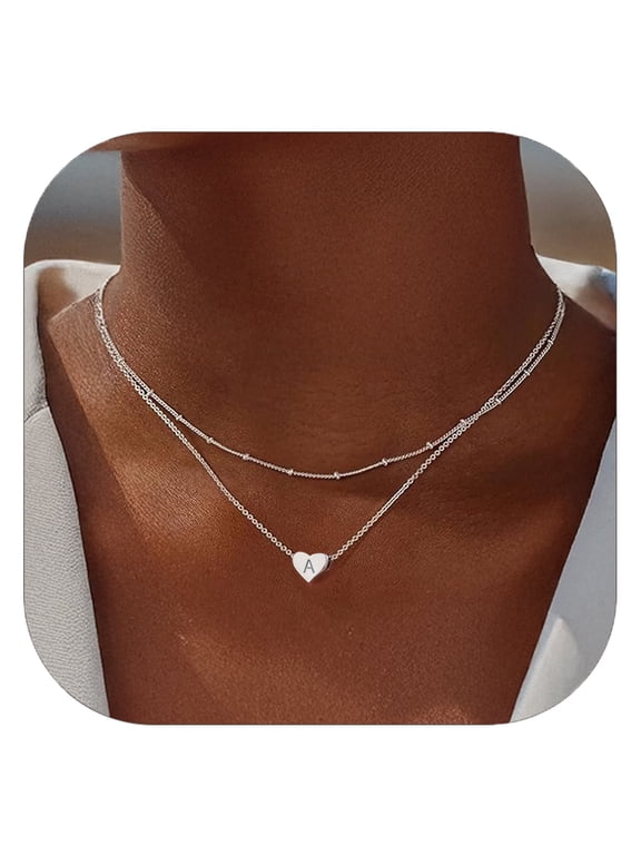 Initial Necklaces for Women Sterling Silver Heart Pendant Necklaces, Dainty Layered Bead Chain Necklace for Daily Wear Women Jewelry Gift