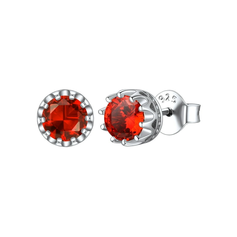 ChicSilver July Solitaire Round Stud Earrings for Women, Sterling Silver Simulated Red Ruby Birthstone Crown Earrings Hypoallergenic Jewelry, Women's