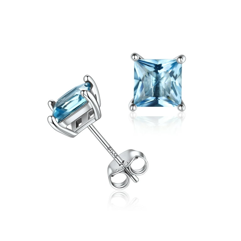 ChicSilver March Birthstone Earrings for Women 925 Sterling Silver Small  Princess Cut Aquamarine Blue Gemstone Stud Earrings