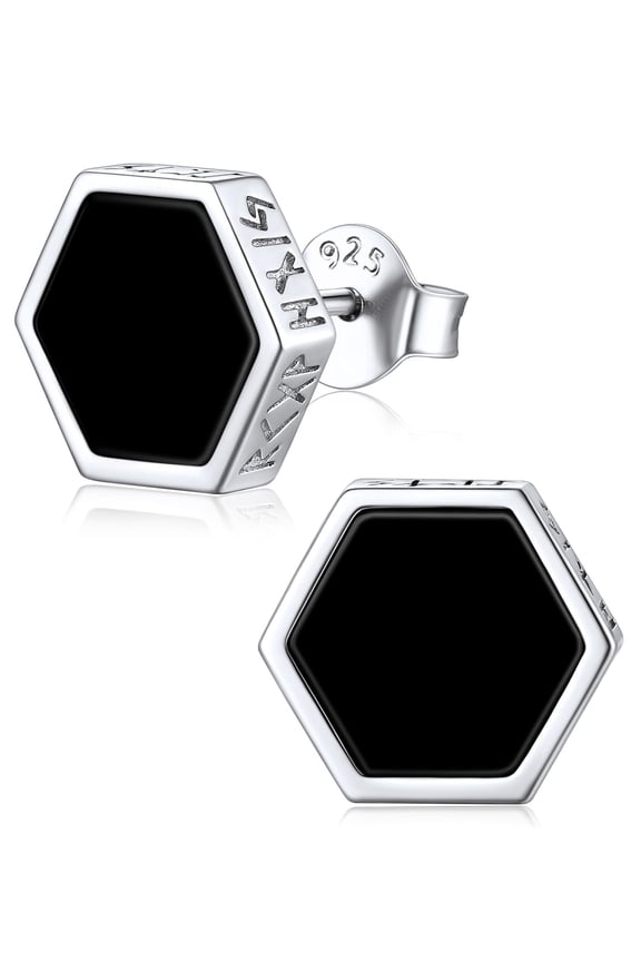 Men Black Stud Earrings Sterling Silver Black Onyx Earrings for Women Men Viking Rune Jewelry Small Hexagon Studs